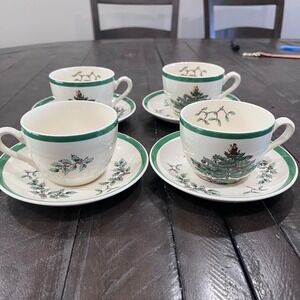 Spode Christmas Tree Teacup and Saucer Set of 4 Made in England S3324 Green Trim